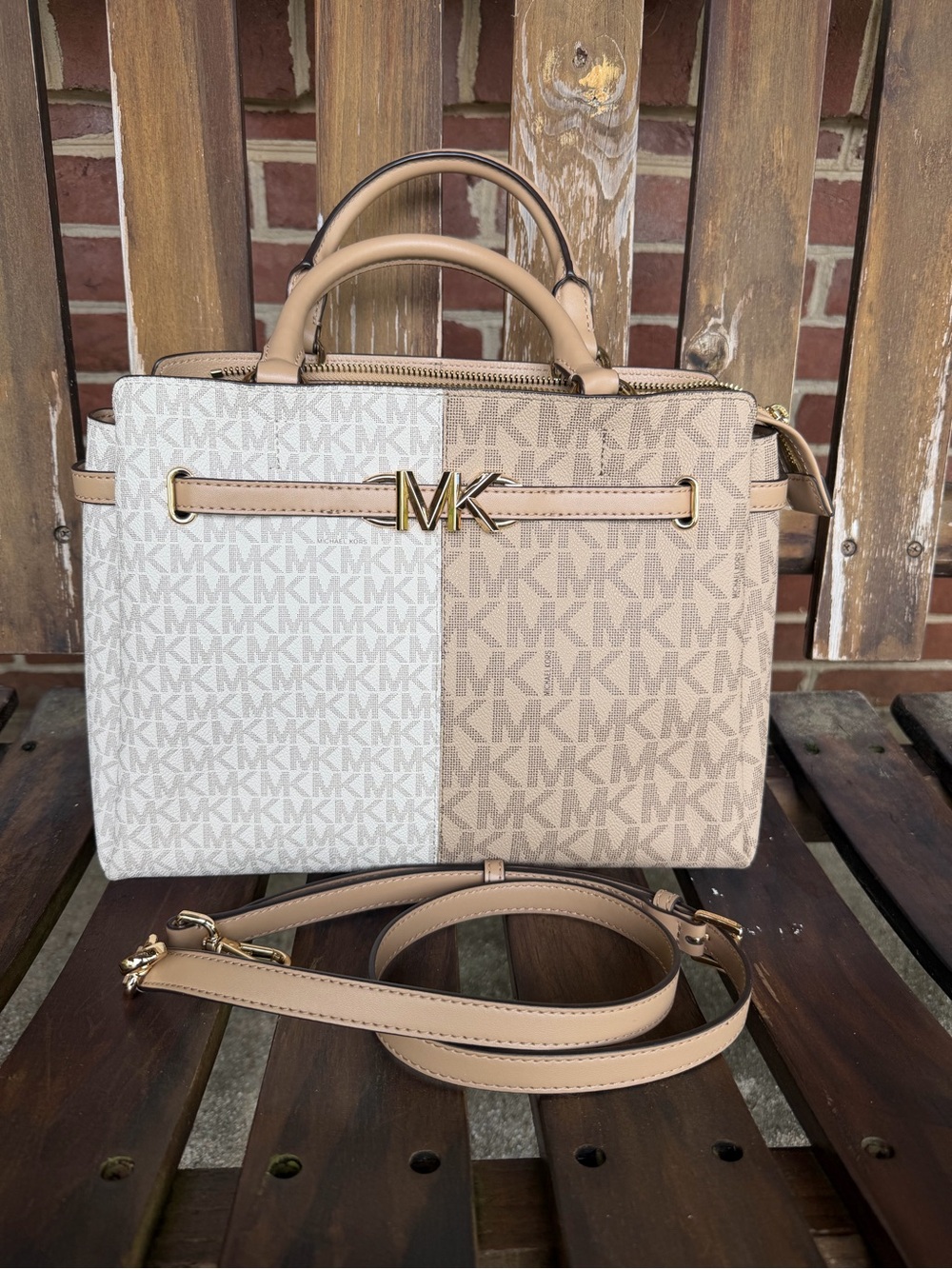 Michael Kors Two-Tone Beige and White Logo Satchel with Gold MK Hardware